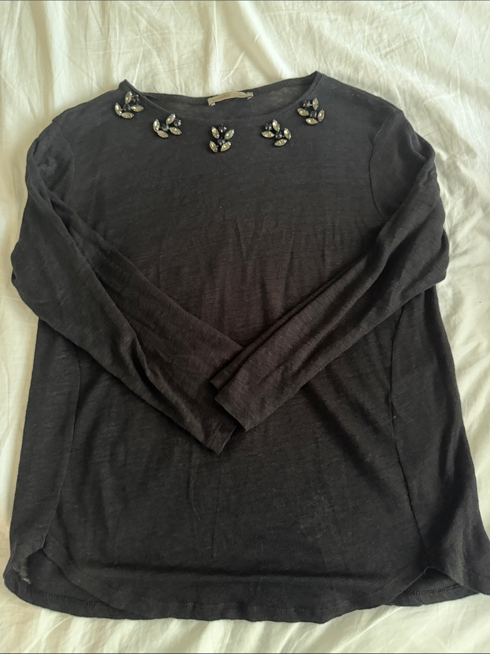 Zara Black Long-Sleeve Top with Jewel Neckline